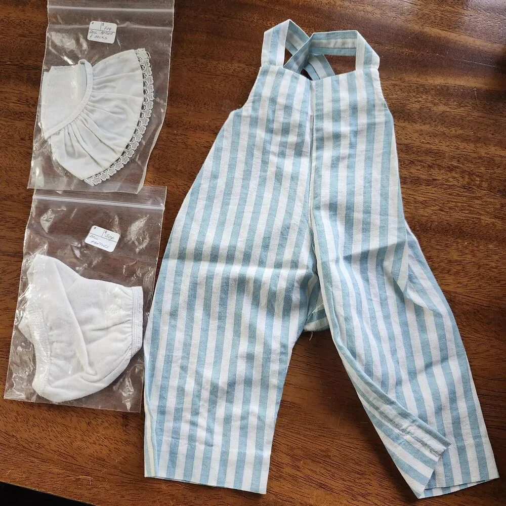 Vintage Style Doll Clothes Lot Blue Striped Romper White Panties Apron Socks